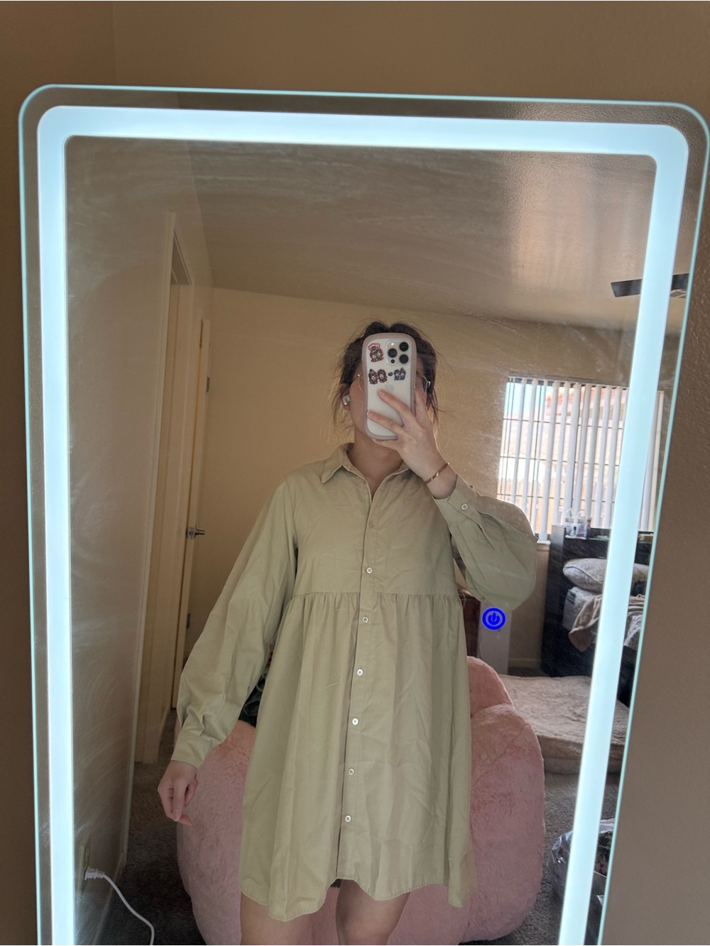 Button-Front Collared Babydoll Dress in Light Olive